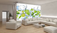 Флизелиновые фотообои фрукты на кухню 312x219 см 3Д Лаймы в брызгах воды (288VEXXL)+клей