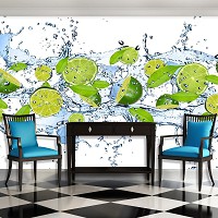 Флизелиновые фотообои с листьями на стену на кухню 416x254 см 3Д Лаймы в брызгах воды (288VEXXXL)+клей