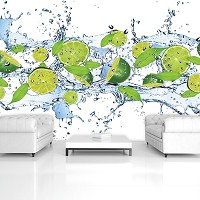 Флизелиновые фотообои фрукты на кухню 254x184 см 3Д Лаймы в брызгах воды (288V4)+клей