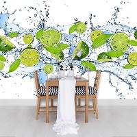 Флизелиновые фотообои зеленые листья на кухню 368x254 см 3Д Лаймы в брызгах воды (288V8)+клей