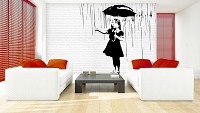 Флизелиновые фотообои граффити на белых кирпичах 312x219 см Девочка с зонтиком под дождем Бэнкси (2896VEXXL)+клей