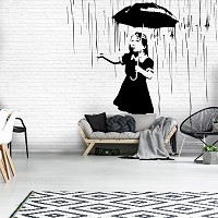 Флизелиновые фотообои граффити на белых кирпичах 416x254 см Девочка с зонтиком под дождем Бэнкси (2896VEXXXL)+клей