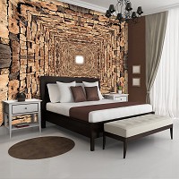 Флизелиновые коричневые фотообои на кухню стиль лофт 416x254 см Туннель с 3D камнями (2907VEXXXL)+клей