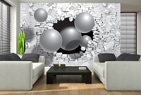 Флизелиновые фотообои кирпич белый 312x219 см 3Д Серые шары и стена (2914VEXXL)+клей