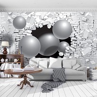 Флизелиновые фотообои абстрактные 254x184 см 3Д Серые шары и кирпичная стена (2914V4)+клей