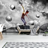 Флизелиновые фотообои абстракция в интерьере черно-белые девушки 368x254 см 3Д Балерина и серые шары (2916V8)+клей