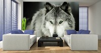 Флизелиновые фотообои с животным принтом 368x254 см 3Д Волк с зелеными глазами (2937V8)+клей