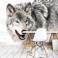 Животные флизелиновые фотообои 312x219 см 3Д Волк с голубыми глазами (2940VEXXL)+клей