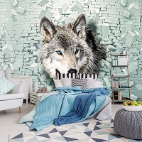 Флизелиновые фотообои с животными фото 254x184 см Голова волка и кирпичная 3д стена (2941V4)+клей
