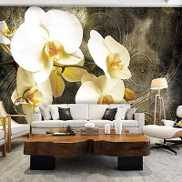 Флизелиновые фотообои в спальню над кроватью цветы 312x219 см 3Д Желтые орхидеи и узоры (2948VEXXL)+клей