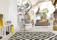 Флизелиновые фотообои на всю стену цветы 368x280 см 3Д Серые шарики и белые орхидеи (2952V10)+клей