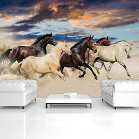 Флизелиновые фотообои в интерьере 3д животные 368x280 см Скачущий табун свободных лошадей (2964V10)+клей