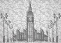 Флизелиновые фотообои в зал город Лондон 254x184 см Биг-бен на сером цветочном фоне (2970V4)+клей