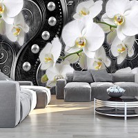 Флізелінові фото шпалери квіти 312x219 см 3D Білі орхідеї та перлини на чорному тлі (2973VEXXL)+клей