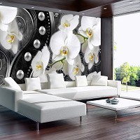 Флизелиновые фото обои цветы 416х254 см 3Д Белые орхидеи и жемчужины на черном фоне (2973VEXXXL)+клей - вид 7 миниатюра
