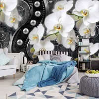Флизелиновые фотообои цветы 368x280 см 3Д Белые орхидеи и жемчужины на черном фоне (2973V10)+клей