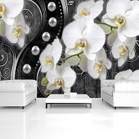 Флизелиновые фотообои красивые цветы 254x184 см 3Д Белые орхидеи и жемчужины на черном фоне (2973V4)+клей