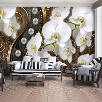 Абстрактные флизелиновые фотообои цветы 416x254 см 3Д Белые орхидеи и жемчужины на коричневом фоне 2974VEXXXL+клей