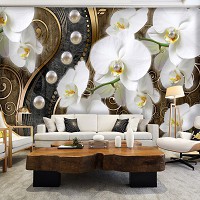 Готові флізелінові фотошпалери квіти 254x184 см 3Д Білі орхідеї та перлини на коричневий фон (2974V4)+клей - вид 6 мініатюра