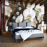 Готовые флизелиновые фотообои цветы 254x184 см 3Д Белые орхидеи и жемчужины на коричневом фоне (2974V4)+клей