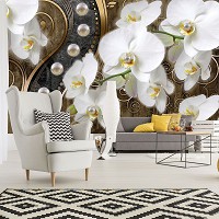 Абстракция флизелиновые фотообои цветы 368x254 см 3Д Белые орхидеи и жемчужины на коричневом фоне (2974V8)+клей