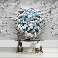 Флизелиновые фотообои абстракция в интерьере 416x254 см 3D синий шар и белая кирпичная стена (3006VEXXXL)+клей