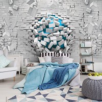 Флизелиновые фотообои в интерьере 368x280 см 3D синий шар и белая кирпичная стена (3006V10) +клей
