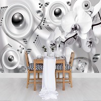 Черно-белые флизелиновые фотообои для стен круги цветы 368x254 см Орхидеи и жемчуг (3012V8)+клей