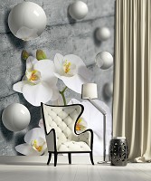 Абстракция флизелиновые фотообои на стену цветы 206x275 см 3Д Серые шарики и белые орхидеи (3013VEA)+клей