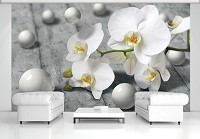 Флизелиновые фото обои круги цветы 254 x 184 см 3д Серые шарики и белые орхидеи (3013V4)+клей