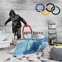 Искусство флизелиновые фотообои граффити на кирпичной стене 368x254 см Бэнкси Олимпийские кольца (3024V8)+клей