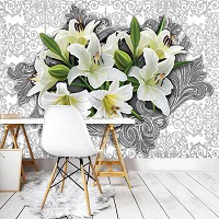 Цветы флизелиновые фотообои на стену 254x184 см Белые лилии и узоры (3027V4)+клей