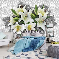 Флизелиновые фотообои на кухню цветы 368x254 см Белые лилии и узоры (3027V8)+клей