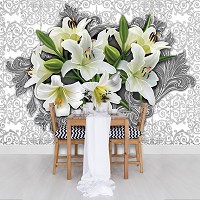 Флизелиновые фотообои на стену цветы 416x254 см Белые лилии и узоры (3027VEXXXL)+клей