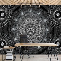 Абстрактні флізелінові фотошпалери на стіні 254x184 см Срібна мандала на чорному тлі (3050V4)+клей