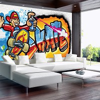Флизелиновые фотообои для детей 368x254 см Красочные граффити на белом кирпиче скейтер (3052V8)+клей