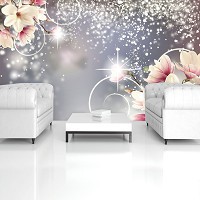 Флизелиновые фотообои в коридор 368x280 см Цветы магнолии и блеск на сером фоне (3054V10)+клей