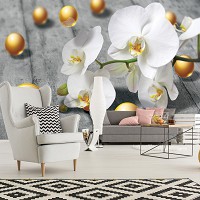 Флизелиновые фотообои 3д цветы 254x184 см Белые орхидеи и золотые шарики на сером фоне (3067V4)+клей