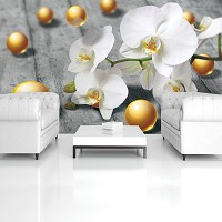 Флизелиновые фотообои в спальню 3д цветы 368x254 см Белые орхидеи и золотые шарики на сером фоне (3067V8)+клей