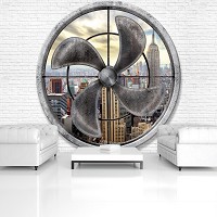 Популярные флизелиновые фотообои 3д белая кирпичная стена 312x219 см Вид на город за пропеллером (3093VEXXL)+клей