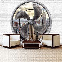 Флизелиновые фотообои в зал 3д белая кирпичная стена 254x184 см Вид на город за пропеллером (3093V4)+клей