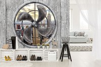 Флизелиновые фотообои с городом на 3д серой бетонной стене 254x184 см Нью-Йорк за пропеллером (3094V4)+клей