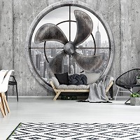 Флизелиновые фотообои город 3д серая бетонная стена 368x254 см Черно-белый Нью-Йорк за пропеллером (3095V8)+клей