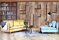 Флизелиновые 3д фотообои абстракция в интерьере 312x219 см Деревянные доски и квадраты (3098VEXXL)+клей