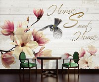 Флизелиновые фотообои с надписью на серых досках 368x254 см Цветы магнолии и птичка (3130V8)+клей