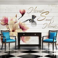 Флизелиновые фотообои с надписью на серых досках 416x254 см Цветы магнолии и птичка (3130VEXXXL)+клей