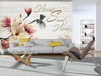 Флизелиновые фотообои с надписью на серых досках 254x184 см Цветы магнолии и птичка (3130V4)+клей