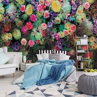 Красиві флізелінові фотошпалери 312x219 см Барвисті квіти на темному тлі (3133VEXXL)+клей