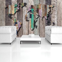 Текстура дерево флизелиновые 3д фотообои 416x254 см Карта мира на красочных досках (3135VEXXXL)+клей