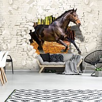 Флизелиновые фотообои в гостиную белый кирпич животные 254x184 см Лошадь выпрыгивающая из стены 3D (3138V4)+клей